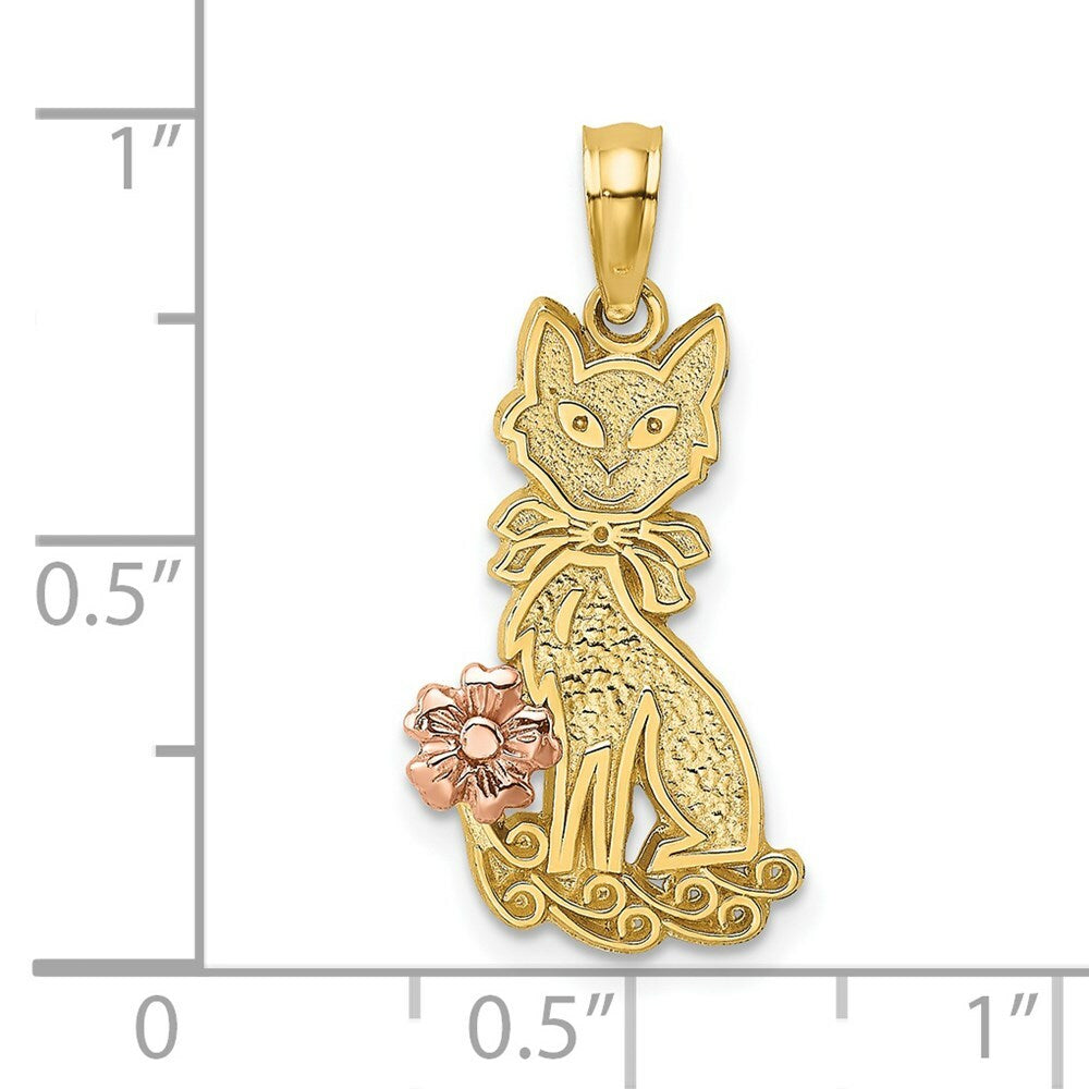 14K Two-Tone Gold Sitting Cat With Bow & Flower Charm Pendant
