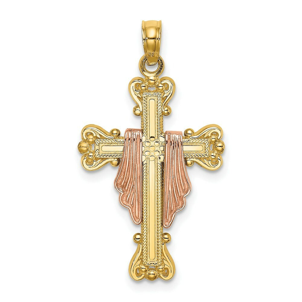 14K Two-Tone Gold Cross With Drape Charm Pendant