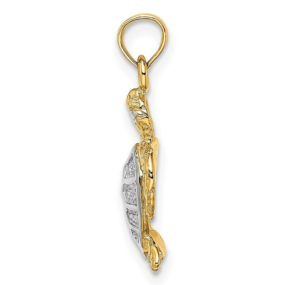 14K Yellow Gold with White Rhodium with 2-D Swimming Sea Turtle Charm Pendant
