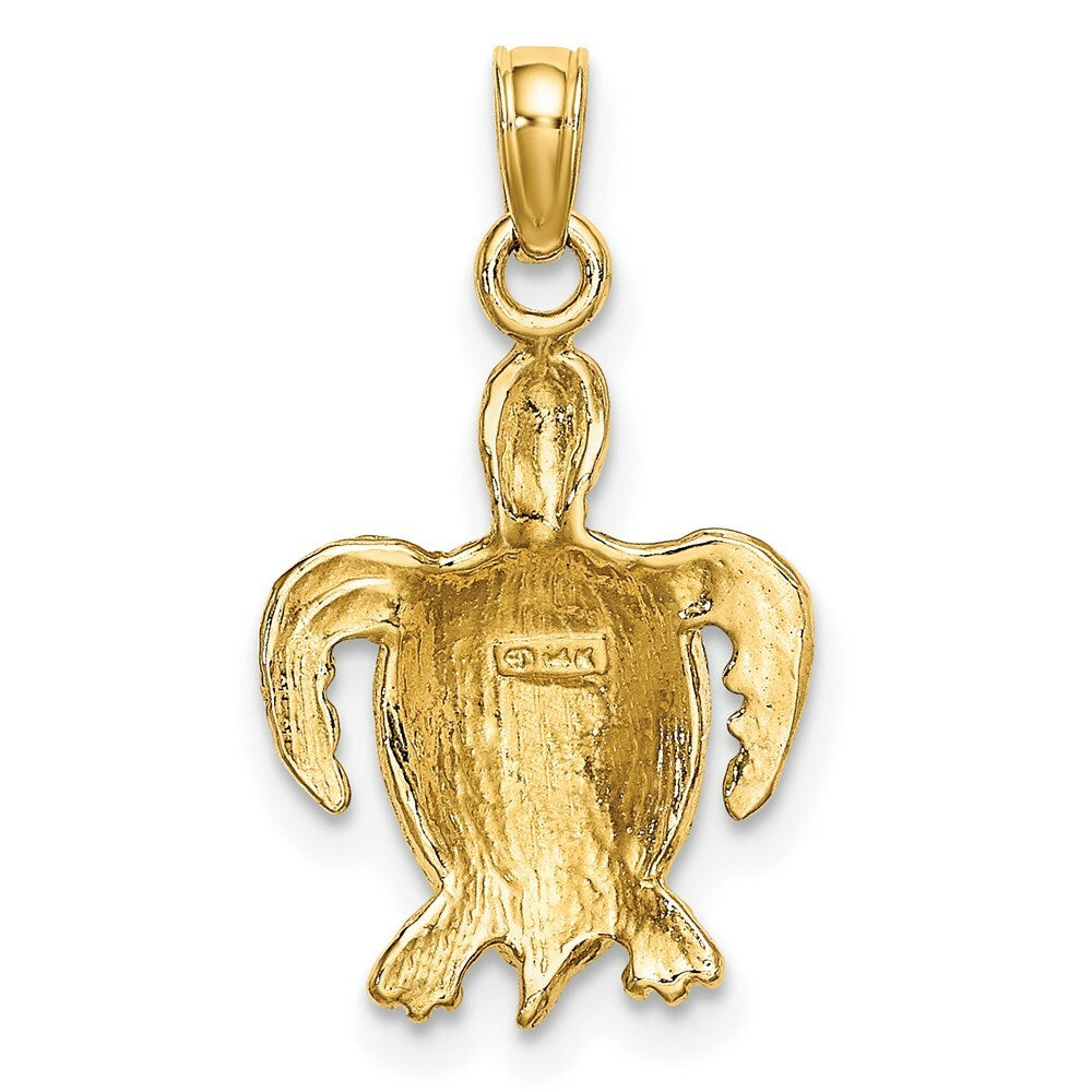 14K Yellow Gold with White Rhodium with 2-D Swimming Sea Turtle Charm Pendant
