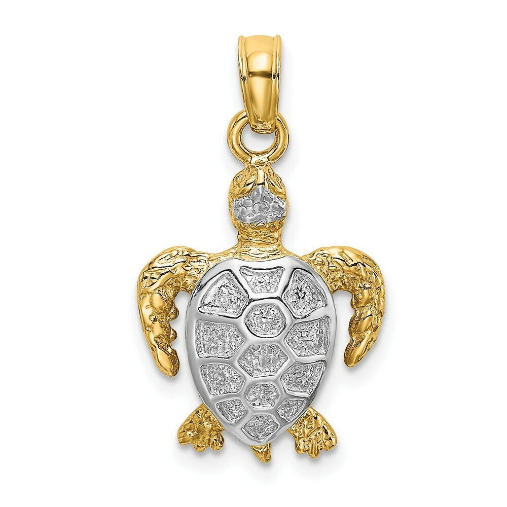 14K Yellow Gold with White Rhodium with 2-D Swimming Sea Turtle Charm Pendant