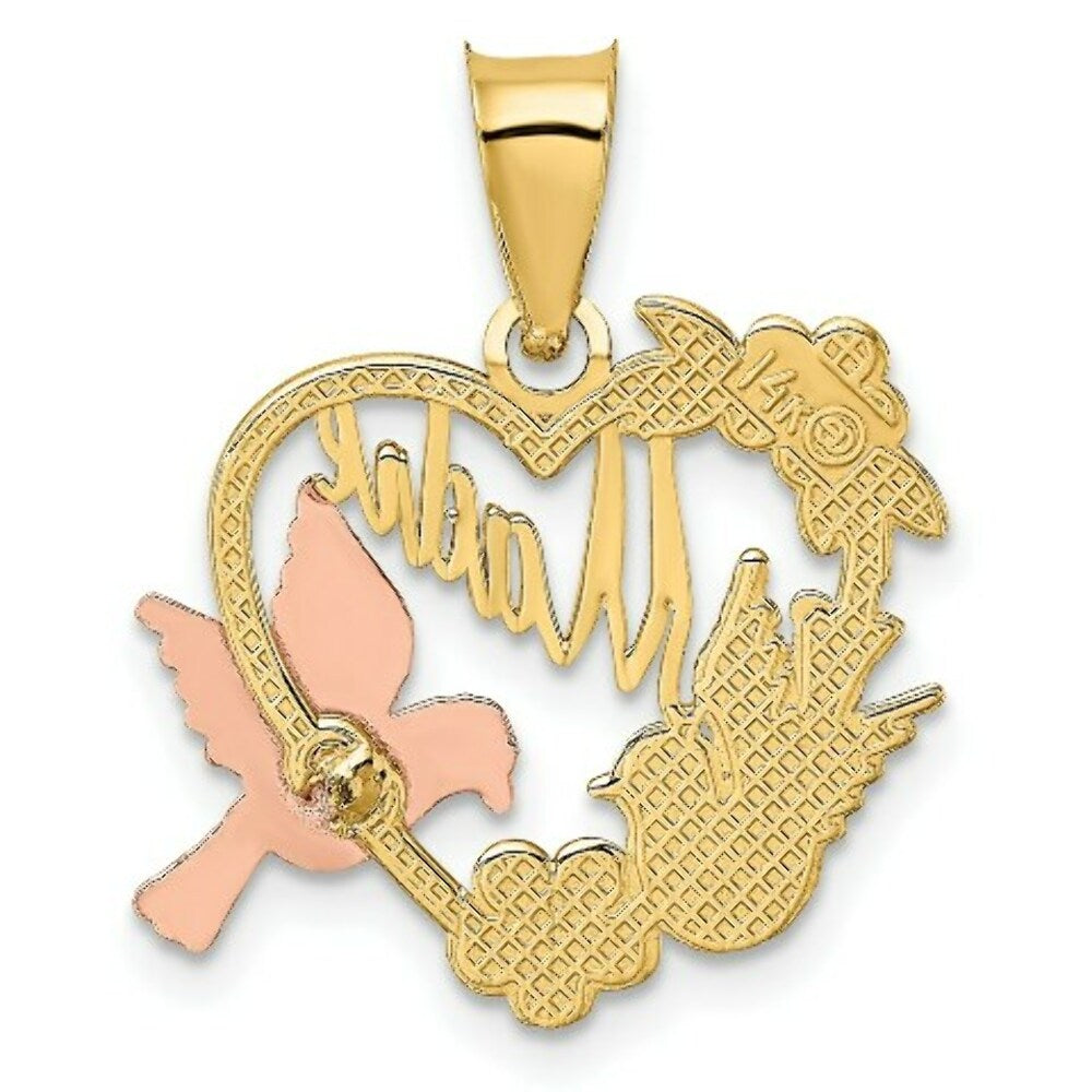 14K Two-tone Yellow & Rose Gold MADRE in Heart With Doves Charm Pendant