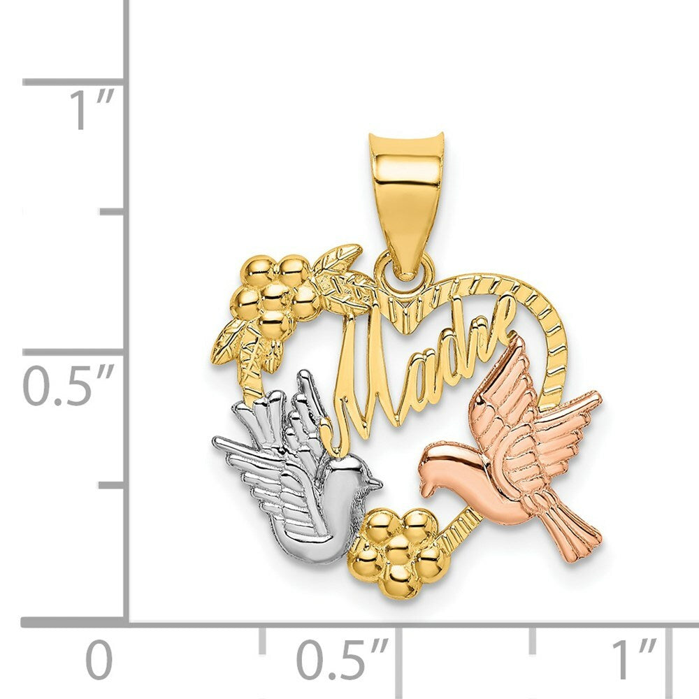 14K Two-tone Yellow & Rose Gold MADRE in Heart With Doves Charm Pendant