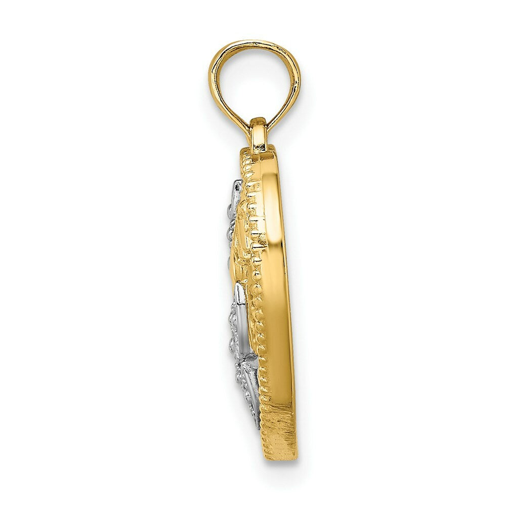 14K Yellow Gold with White Rhodium with Polished Beaded Heart With Mom Charm Pendant