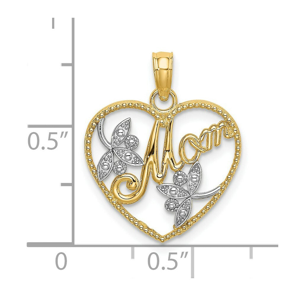 14K Yellow Gold with White Rhodium with Polished Beaded Heart With Mom Charm Pendant