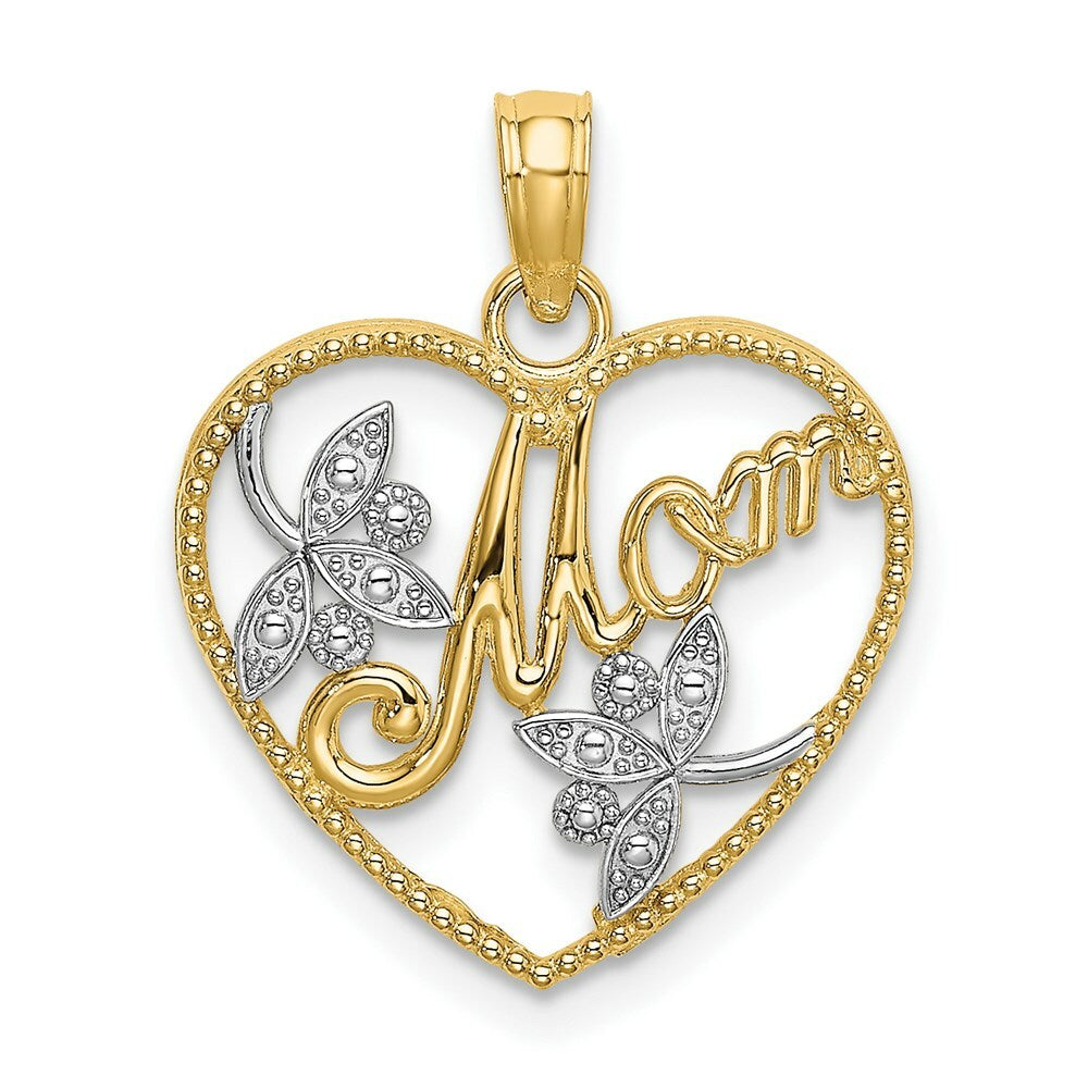 14K Yellow Gold with White Rhodium with Polished Beaded Heart With Mom Charm Pendant