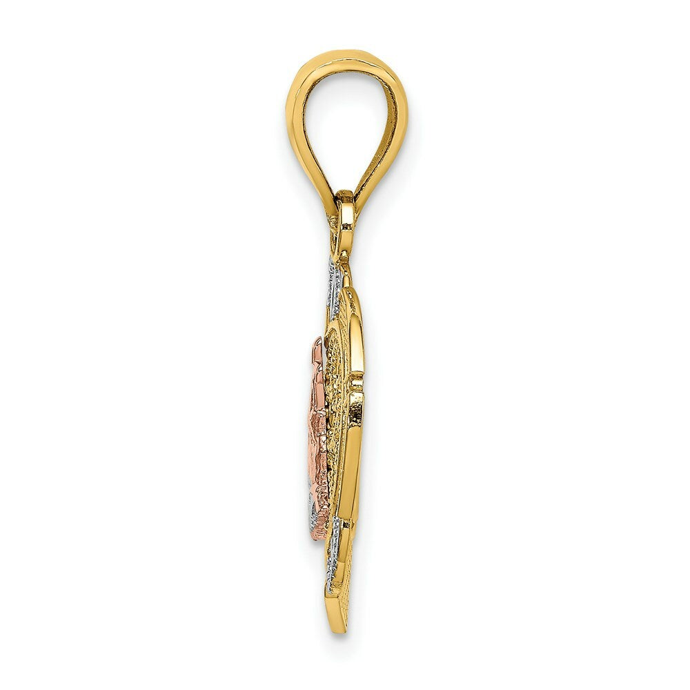 14K Tri-Color Gold Praying Hands & Cross In Heart Charm Pendant