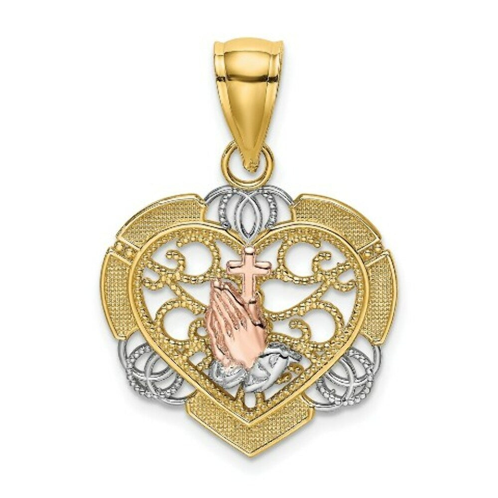 14K Tri-Color Gold Praying Hands & Cross In Heart Charm Pendant