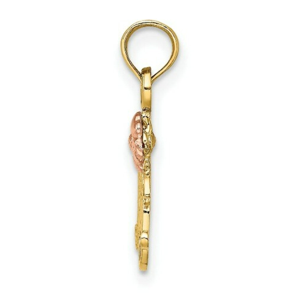 14K Two-Tone Gold Textured Scroll With Flower Mom Charm Pendant