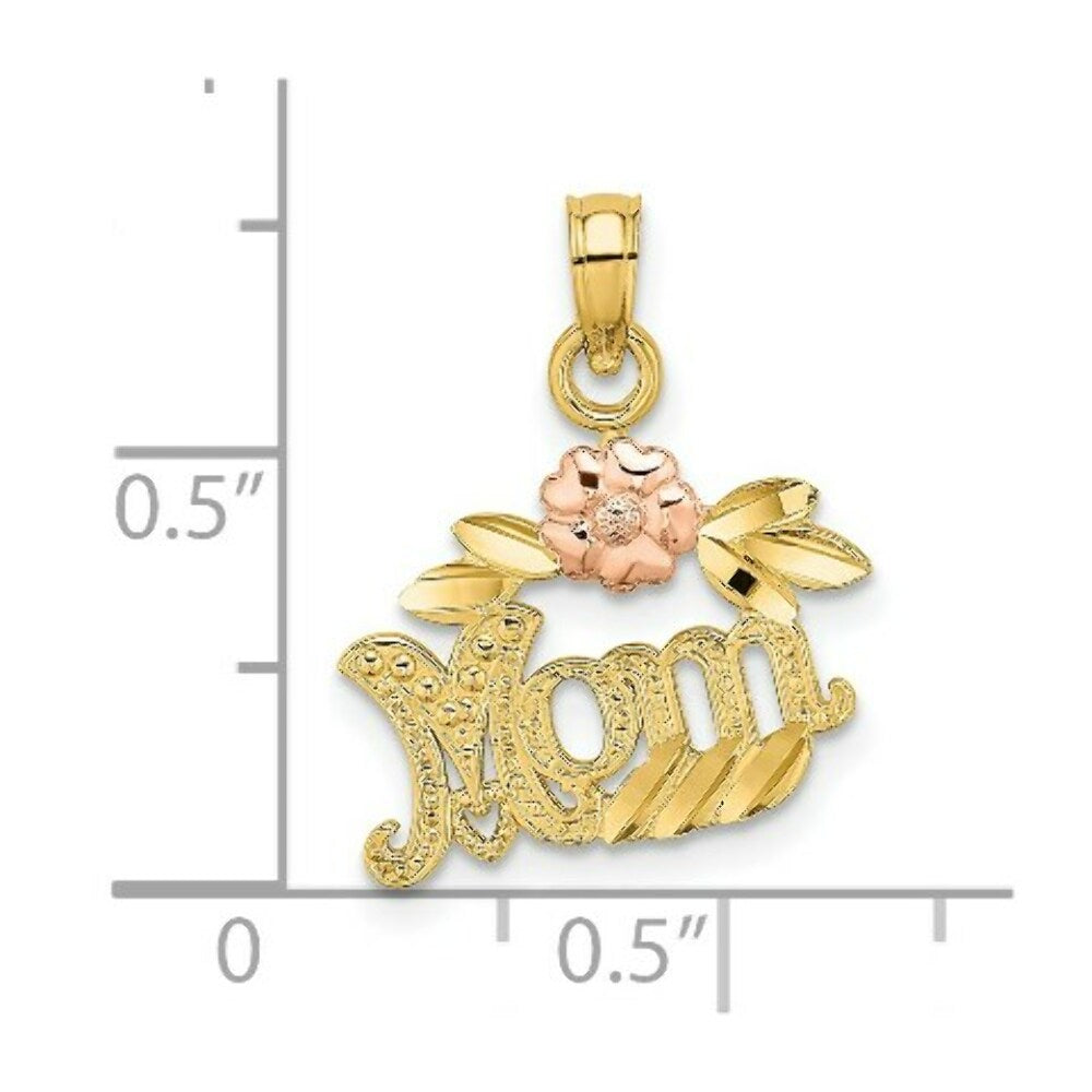 14K Two-Tone Gold Textured Scroll With Flower Mom Charm Pendant