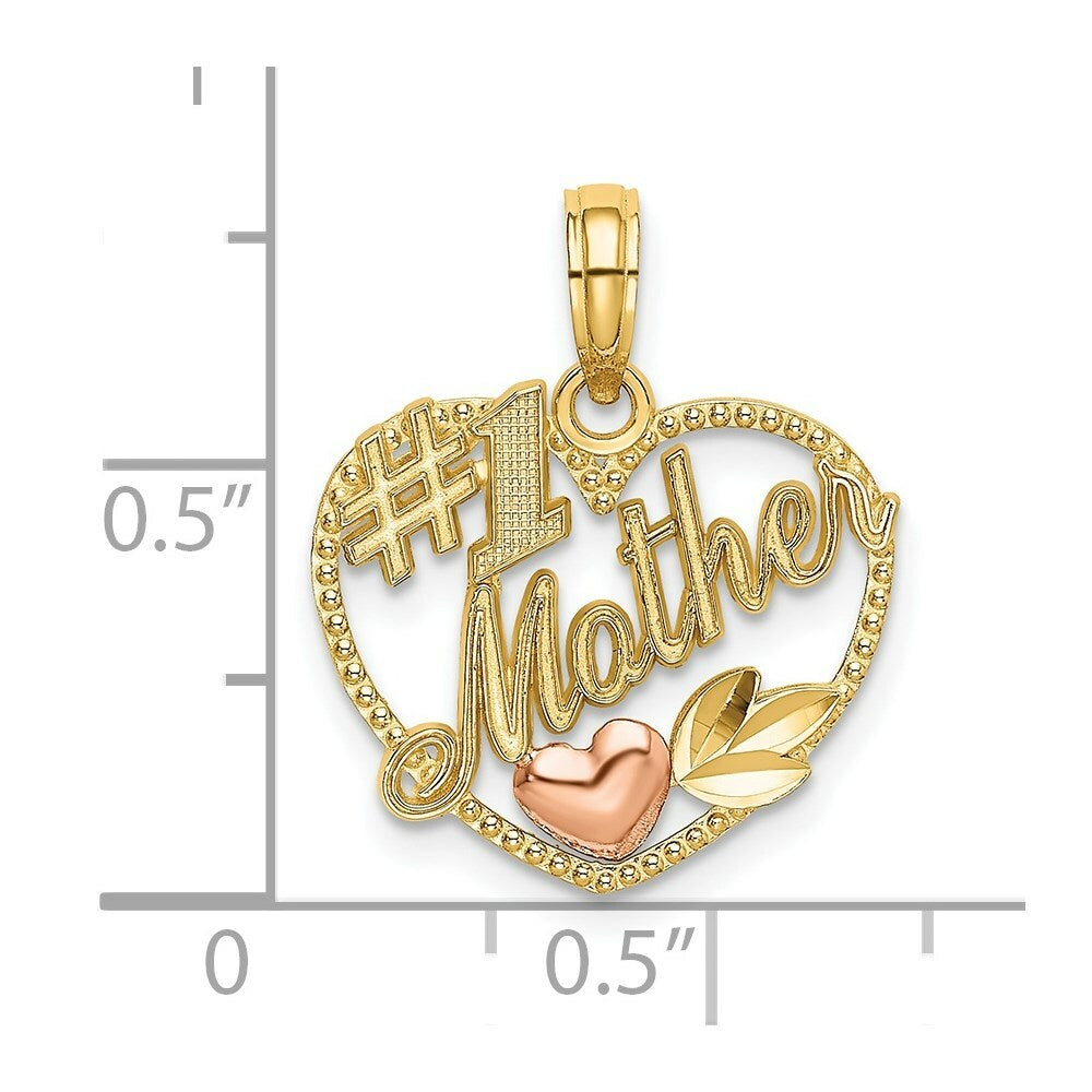 14K Two-Tone Gold Heart With #1 MOTHER Charm Pendant