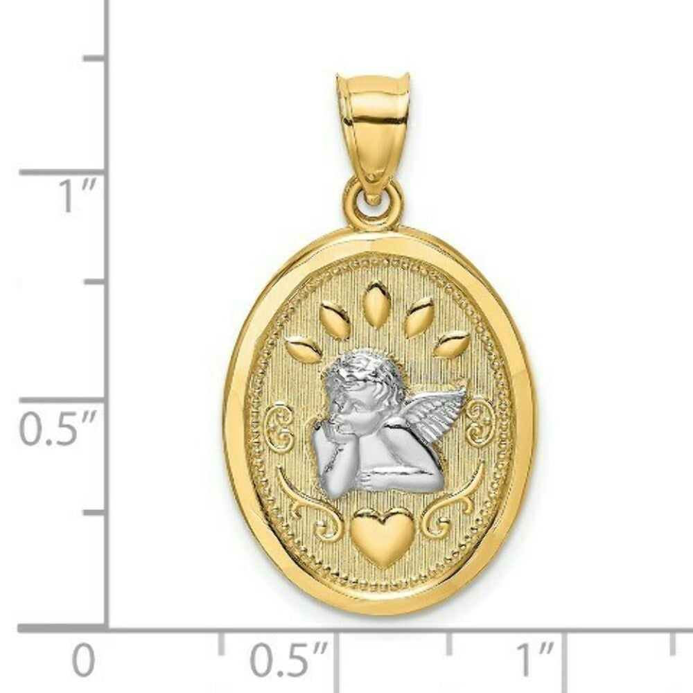 14K Yellow Gold with White Rhodium Oval Engraved Disc with Cherub With Heart Charm Pendant