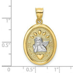 Load image into Gallery viewer, 14K Yellow Gold with White Rhodium Oval Engraved Disc with Cherub With Heart Charm Pendant
