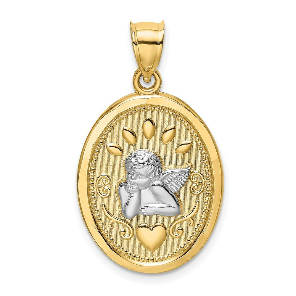 14K Yellow Gold with White Rhodium Oval Engraved Disc with Cherub With Heart Charm Pendant