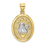 Load image into Gallery viewer, 14K Yellow Gold with White Rhodium Oval Engraved Disc with Cherub With Heart Charm Pendant
