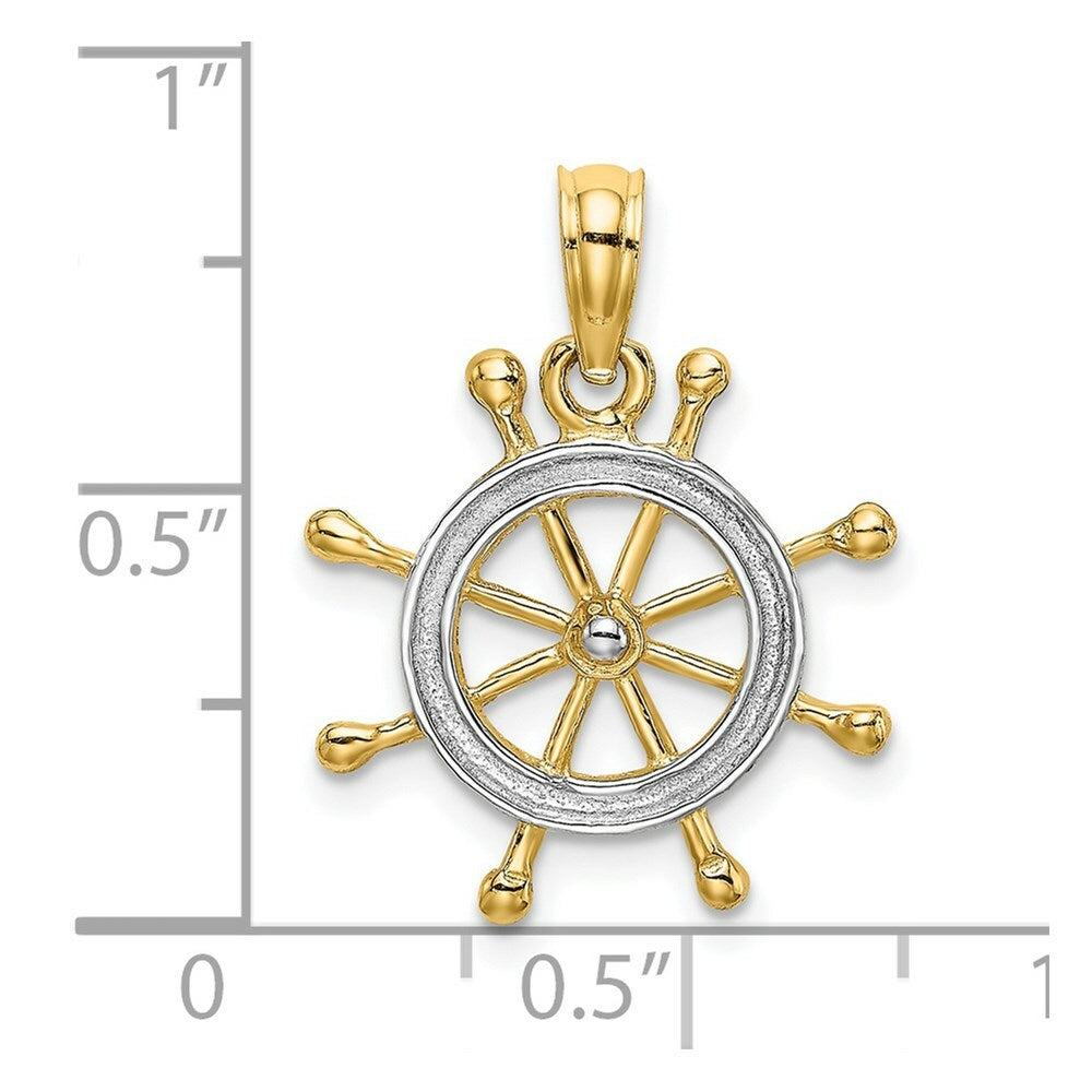 14K Yellow Gold with White Rhodium with 2-D Ship Wheel Charm Pendant