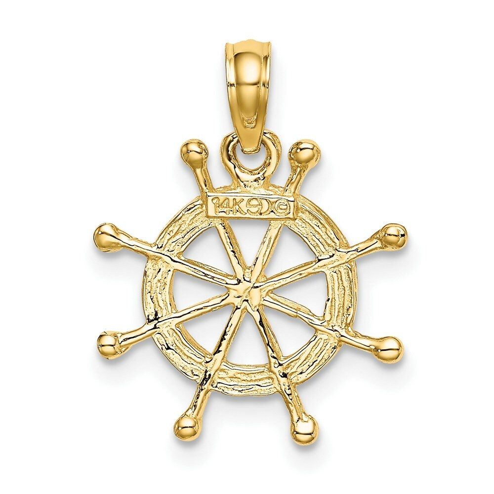 14K Yellow Gold with White Rhodium with 2-D Ship Wheel Charm Pendant