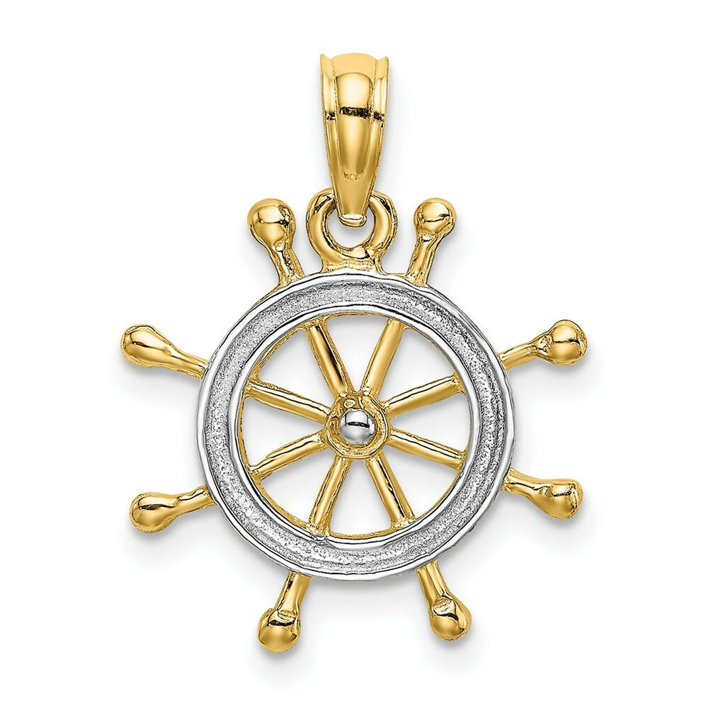 14K Yellow Gold with White Rhodium with 2-D Ship Wheel Charm Pendant