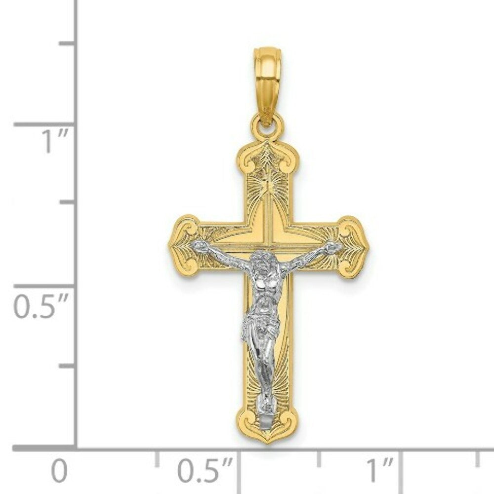14K Two-tone Gold Engraved Crucifix Charm Pendant