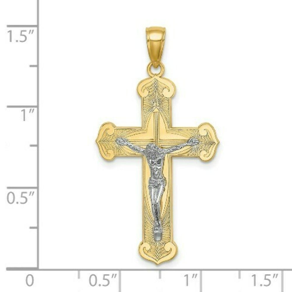 14K Two-tone Gold Engraved Crucifix Charm Pendant
