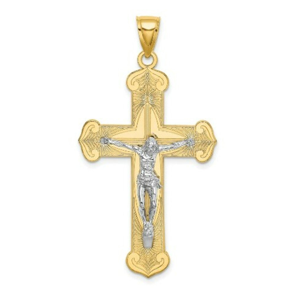 14K Two-tone Gold Engraved Crucifix Charm Pendant