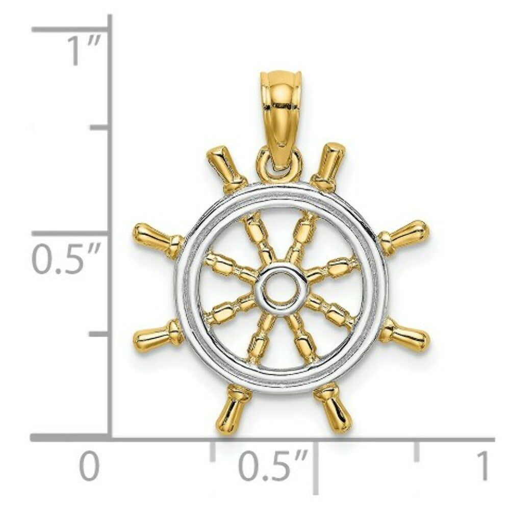 14K Yellow Gold with White Rhodium Ship's Wheel Pendant