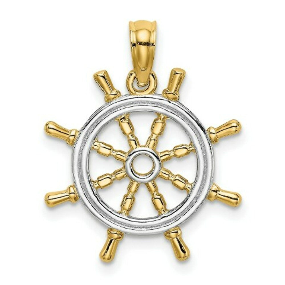 14K Yellow Gold with White Rhodium Ship's Wheel Pendant