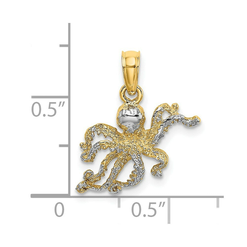 14K Yellow Gold with White Rhodium 2-D with Textured Octopus Charm Pendant