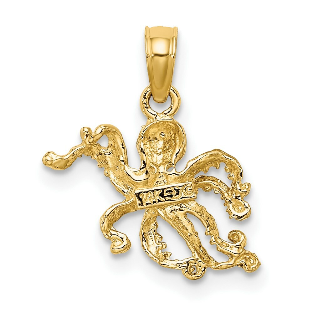 14K Yellow Gold with White Rhodium 2-D with Textured Octopus Charm Pendant