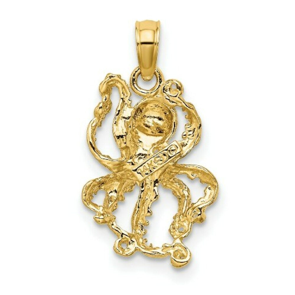 14K Yellow Gold with White Rhodium 2-D with Textured Octopus Charm Pendant