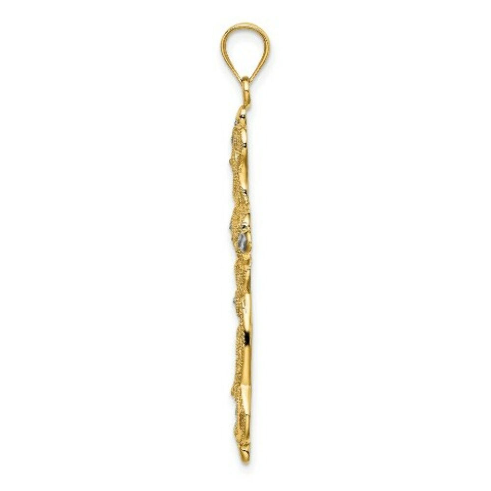 14K Yellow Gold with White Rhodium Scroll Design with Diamond-cut Cross Charm Pendant