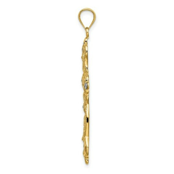 14K Yellow Gold with White Rhodium Scroll Design with Diamond-cut Cross Charm Pendant