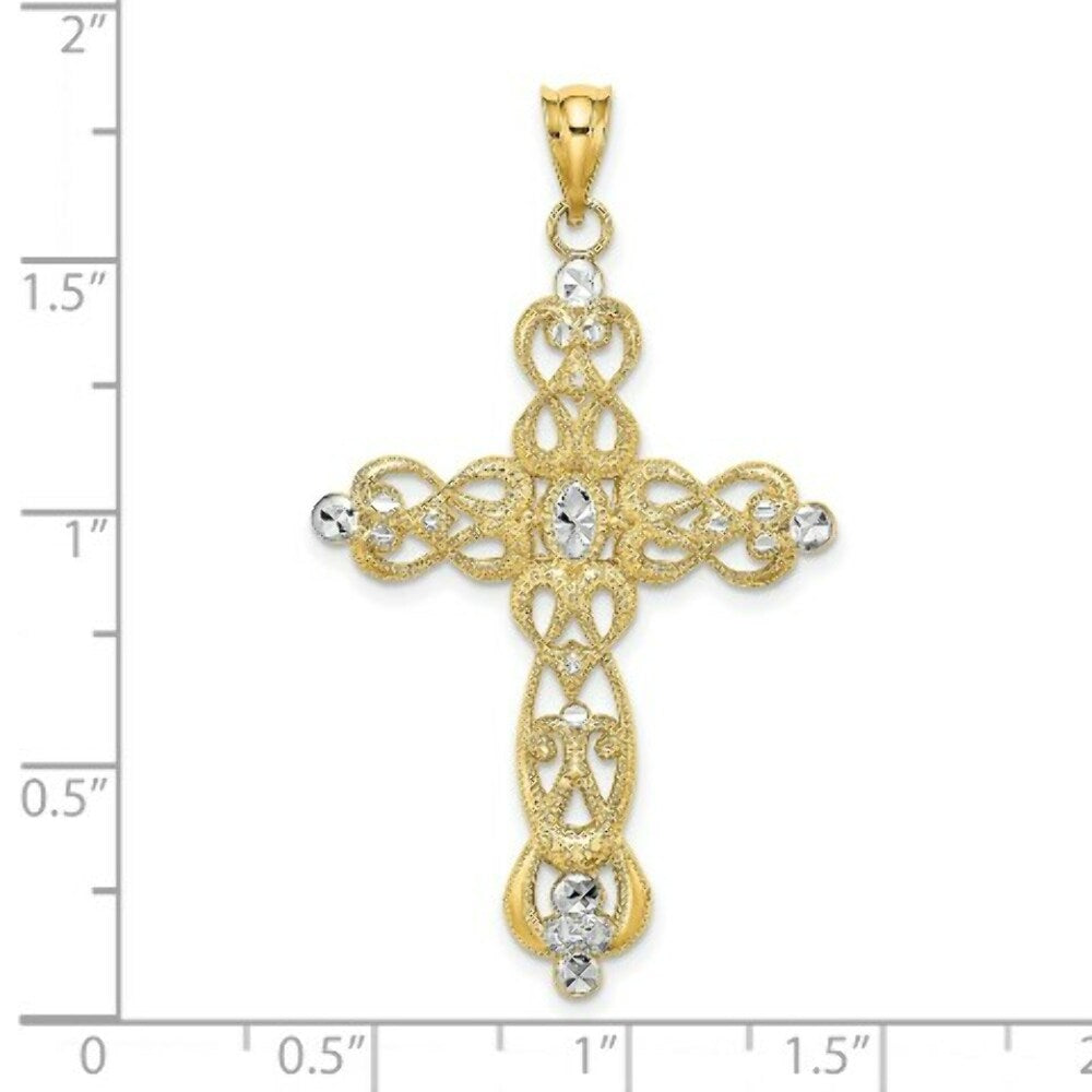 14K Yellow Gold with White Rhodium Scroll Design with Diamond-cut Cross Charm Pendant