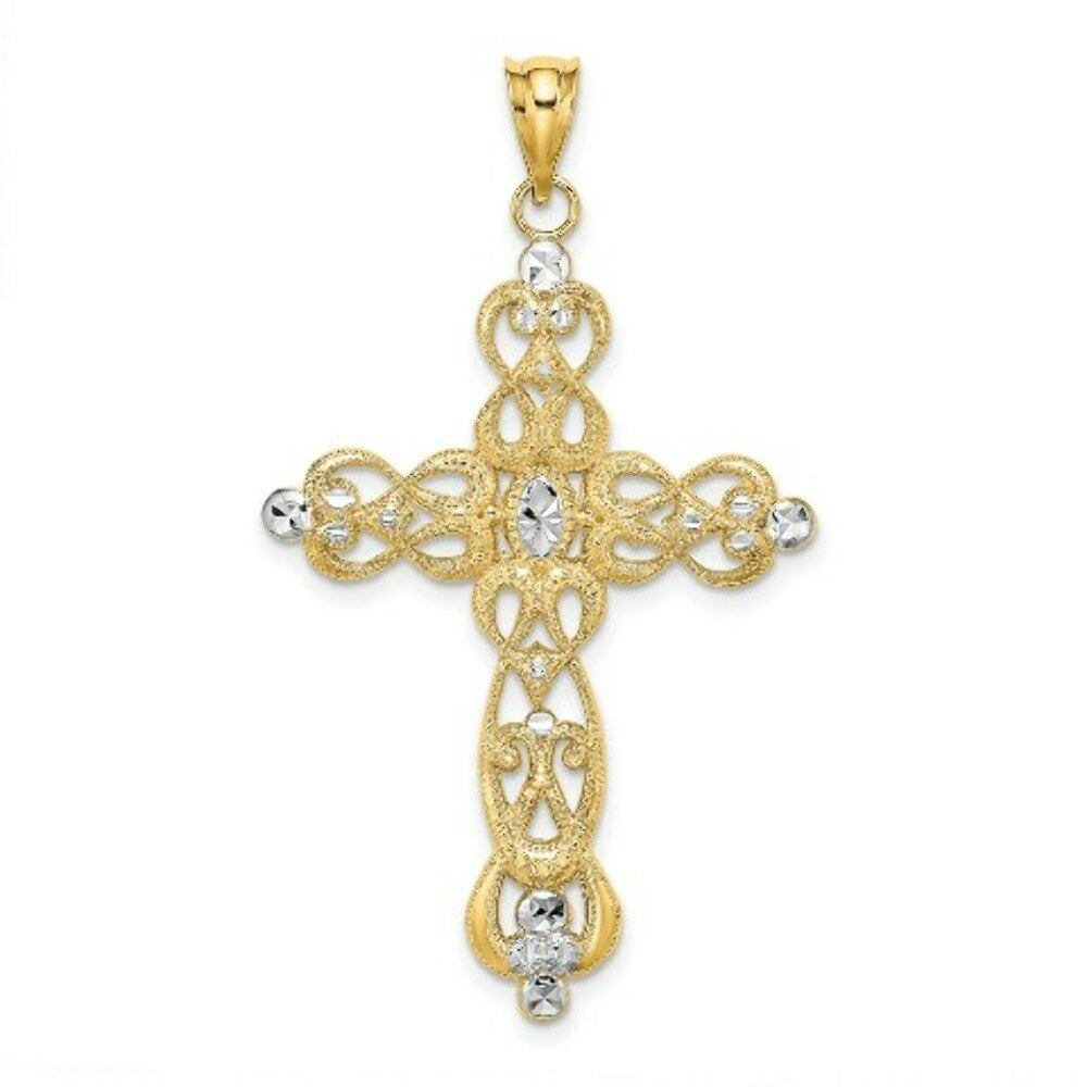 14K Yellow Gold with White Rhodium Scroll Design with Diamond-cut Cross Charm Pendant