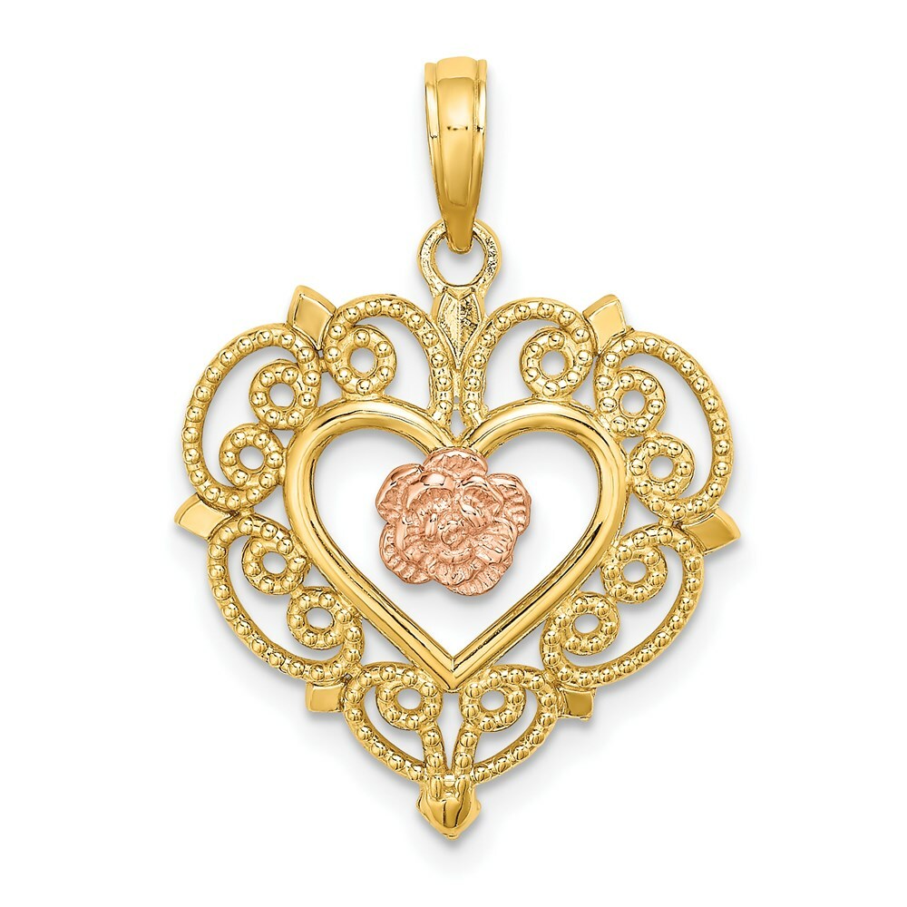 14K Rose And Yellow Gold Flower & Heart Charm Pendant