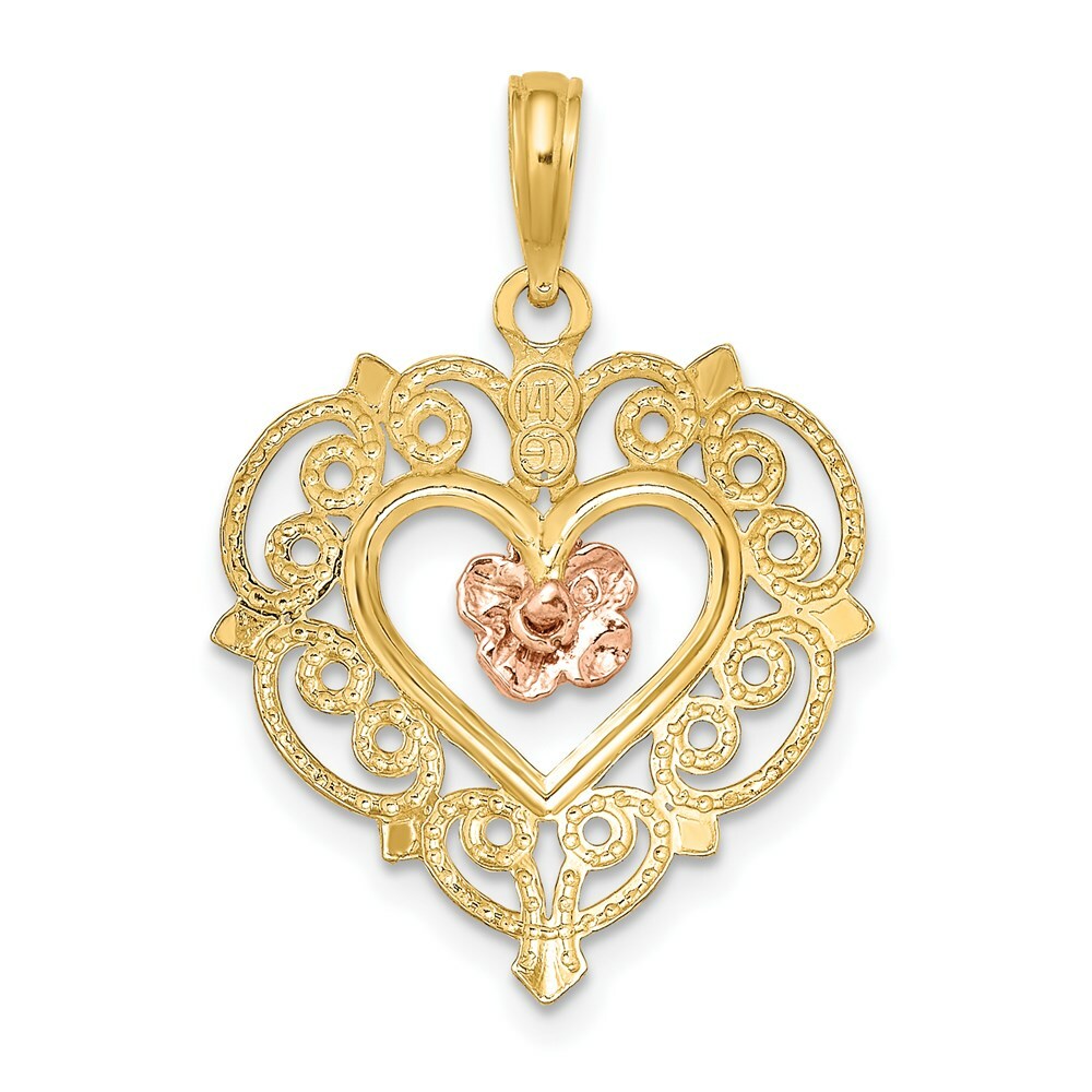 14K Rose And Yellow Gold Flower & Heart Charm Pendant