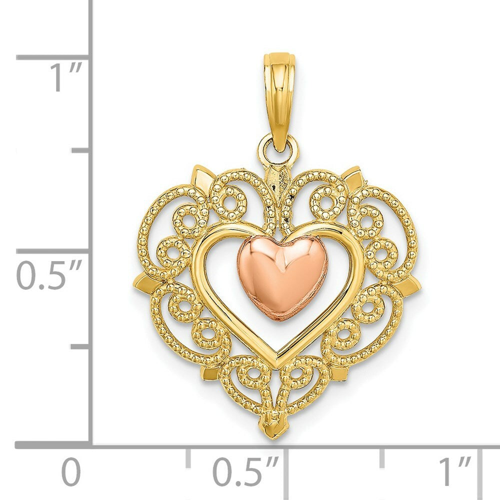 14K Two-tone Yellow & Rose Gold Heart With Lace Trim Charm Pendant