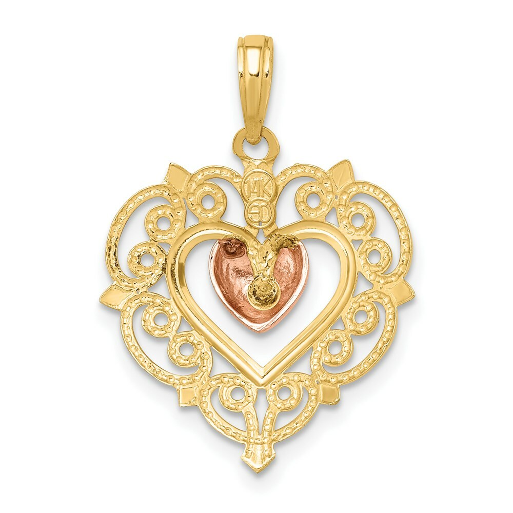 14K Two-tone Yellow & Rose Gold Heart With Lace Trim Charm Pendant