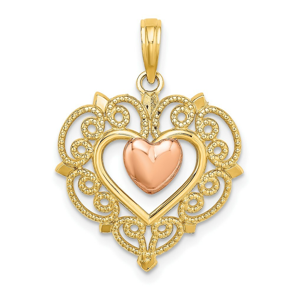 14K Two-tone Yellow & Rose Gold Heart With Lace Trim Charm Pendant