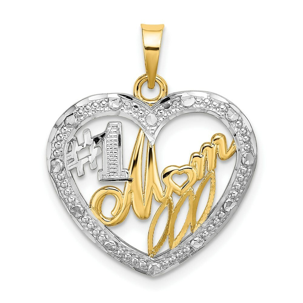 14K Yellow Gold with White Rhodium Bead Trim #1 MOM In Heart Charm Pendant