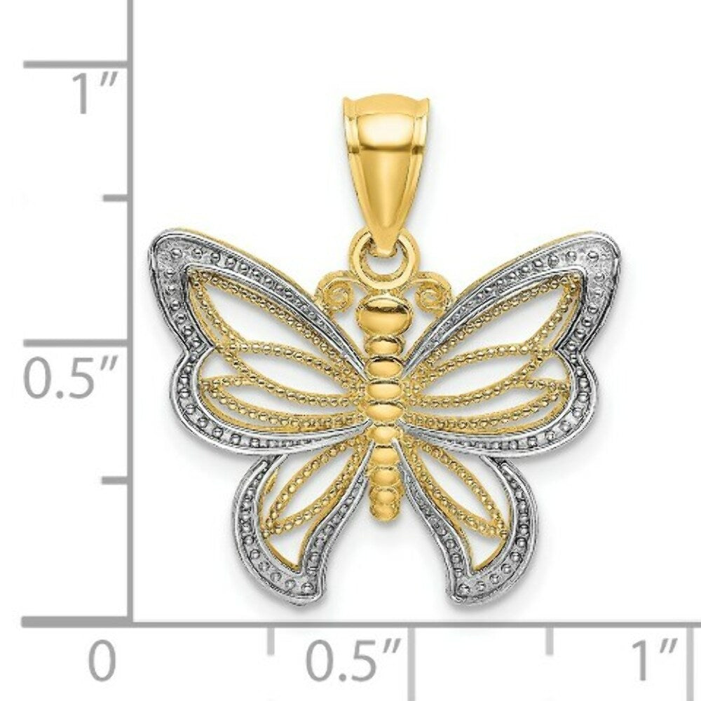 14k Yellow Gold and White Rhodium Butterfly With Yellow Gold and White Beaded Wings Charm Pendant