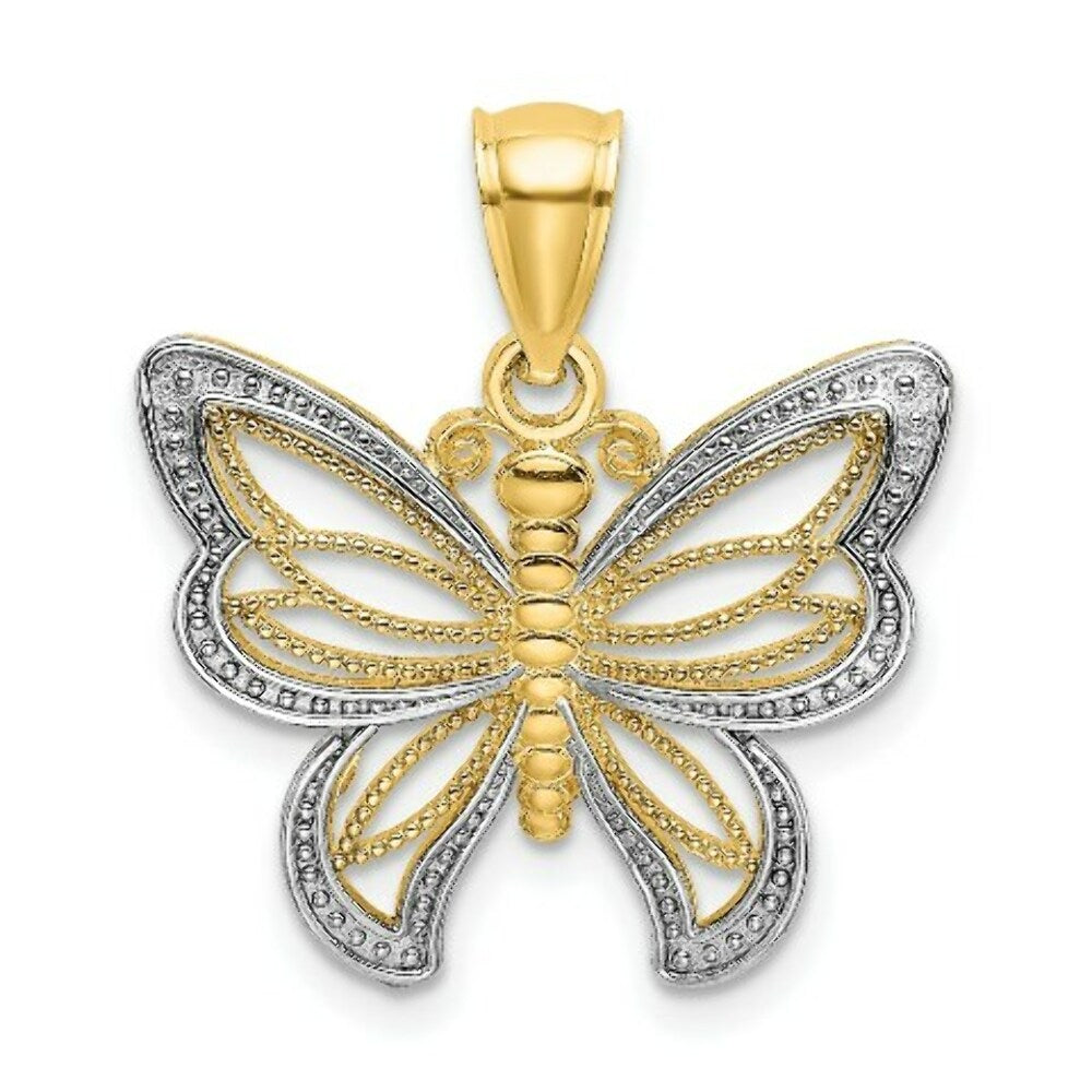 14k Yellow Gold and White Rhodium Butterfly With Yellow Gold and White Beaded Wings Charm Pendant