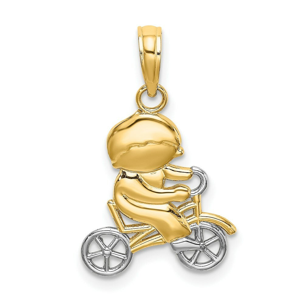 14k Yellow Gold and White Rhodium Little Boy On Bicycle Charm Pendant