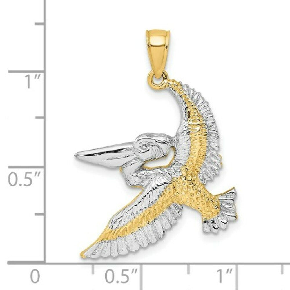 14k Yellow Gold and White Rhodium 2-D FLYING PELICAN Charm Pendant