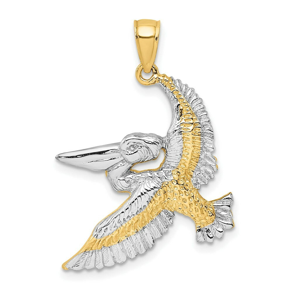 14k Yellow Gold and White Rhodium 2-D FLYING PELICAN Charm Pendant
