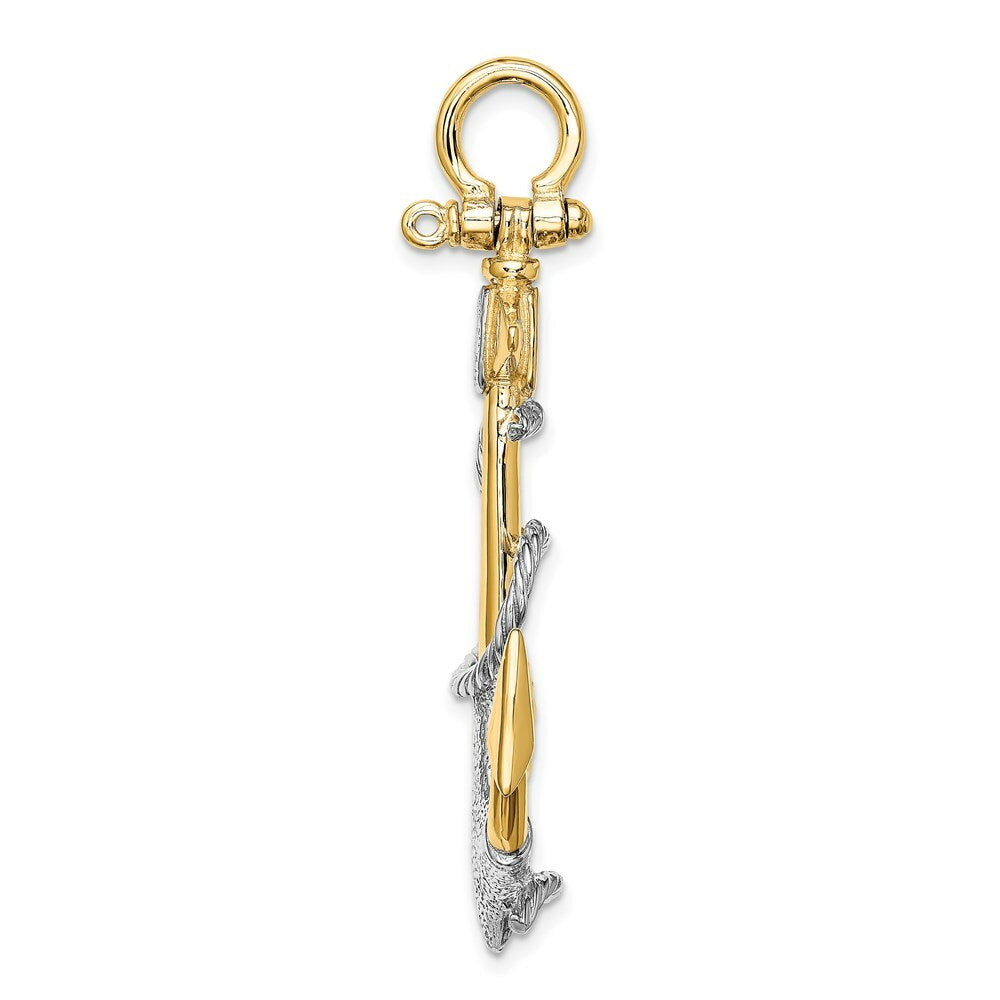 14K Two-tone Gold 3-D Anchor With White Rope Shackle Bail Charm Pendant