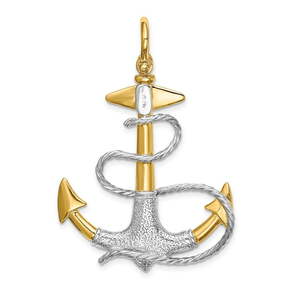 14K Two-tone Gold 3-D Anchor With White Rope Shackle Bail Charm Pendant