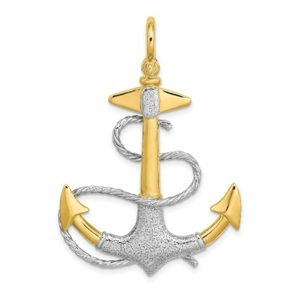 14K Two-tone Gold 3-D Anchor With White Rope Shackle Bail Charm Pendant