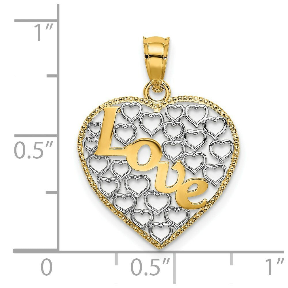 14k Yellow Gold and White Rhodium Heart With Love Charm Pendant