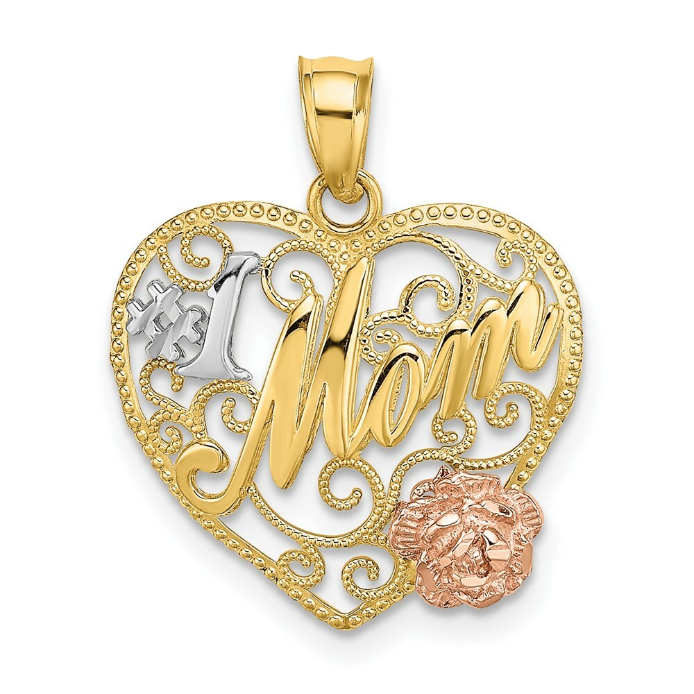 14K Two-tone Yellow & Rose Gold With #1 MOM Heart Charm Pendant